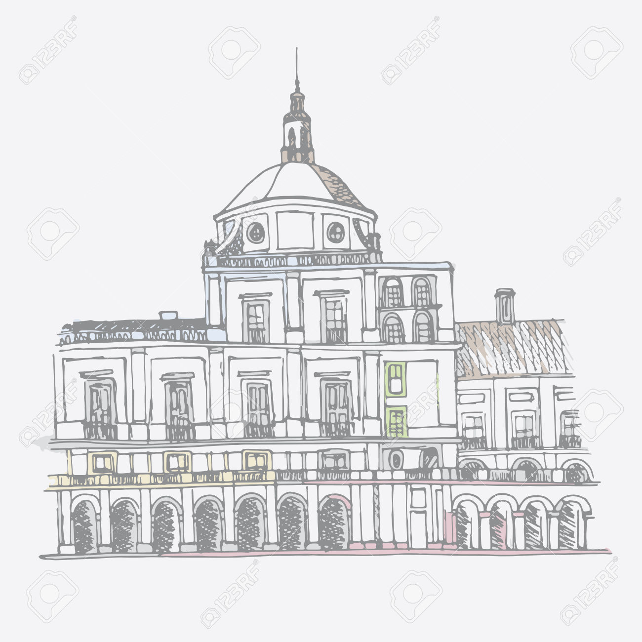 Urban Sketch Of The Royal Palace In Aranjuez Royalty Free Cliparts.