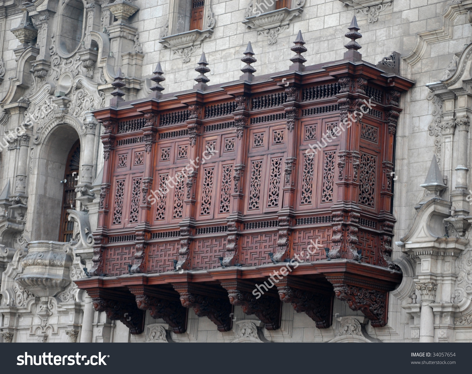 Archbishop'S Palace Balcony In Plaza De Armas, Lima, Peru, Side.