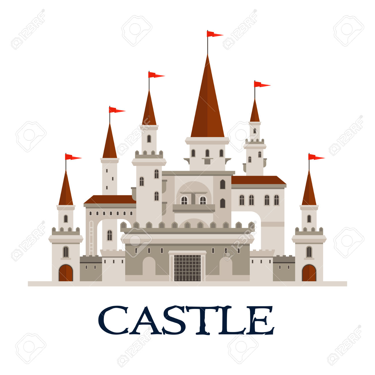 Gothic Castle Fortress Icon With Arcade Palace With Arched Windows.
