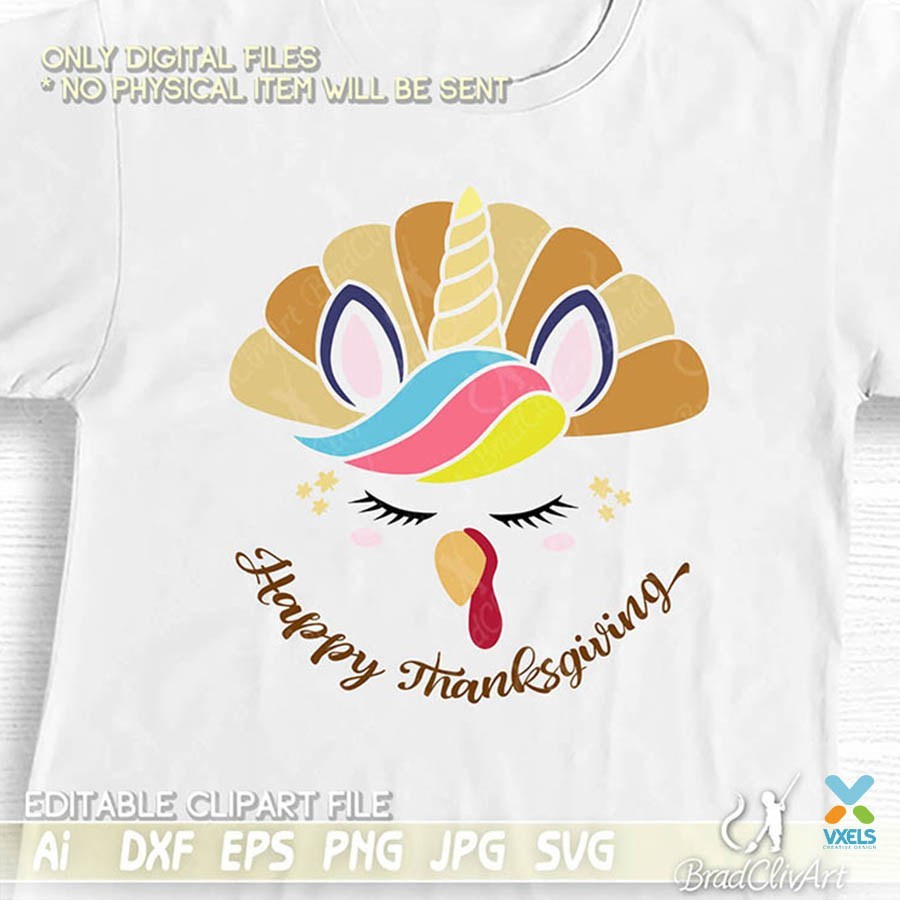 Unicorn thanksgiving SVG with turkey theme for cutting and editable  Illustrator file.