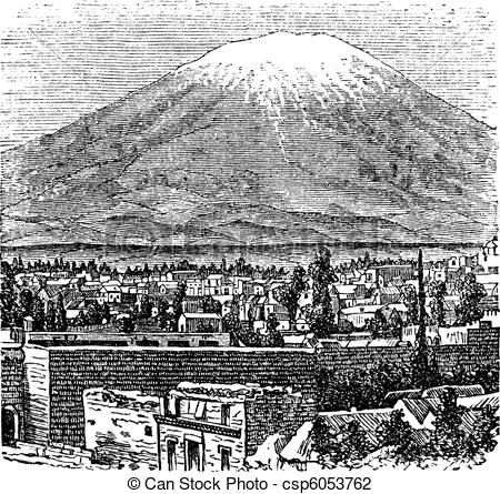 Vector Illustration of Arequipa and the Misti volcano old.