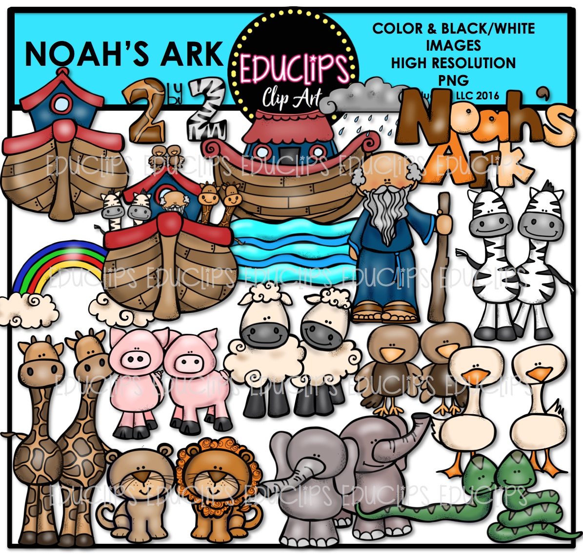 Noah\'s Ark Clip Art Bundle (Color and B&W).