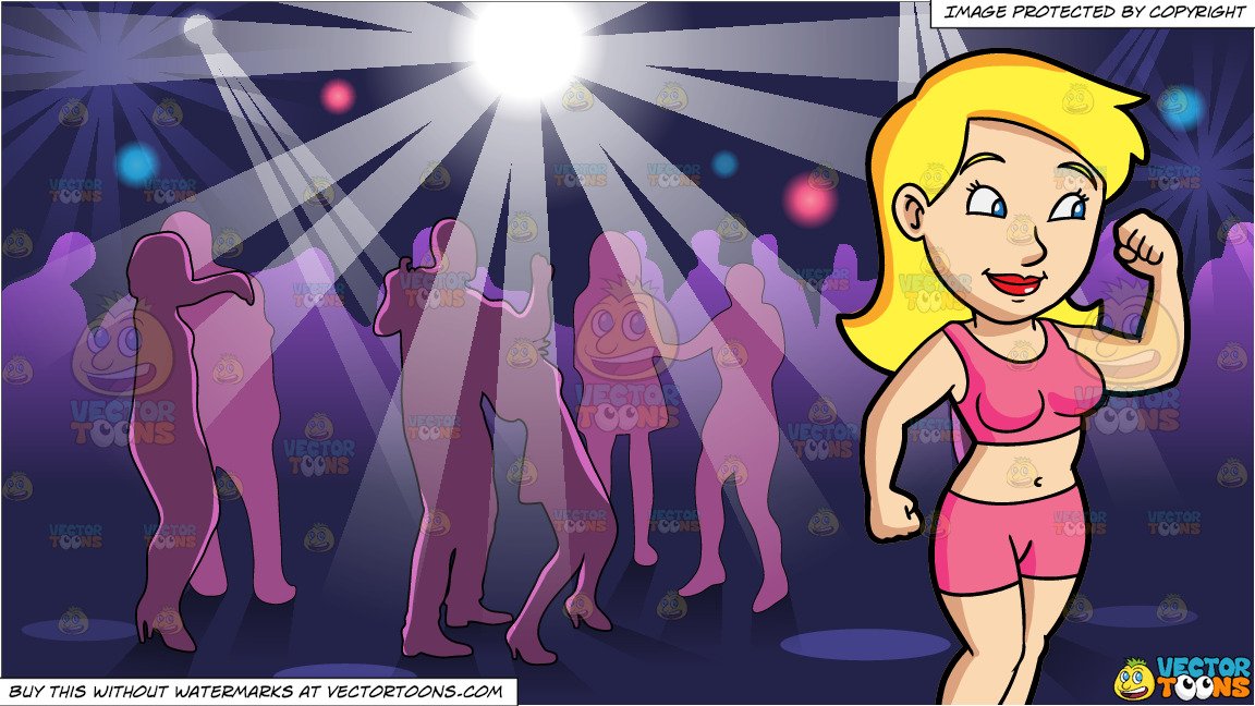 A Woman Flexing Her Arm Muscles and Inside A Lively Night Club.