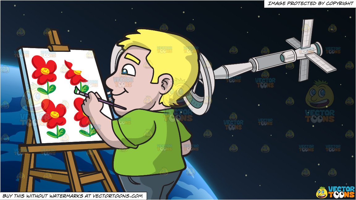 A Chubby Man Painting Flower Art On Canvas and Orbiting Space Station  Background.