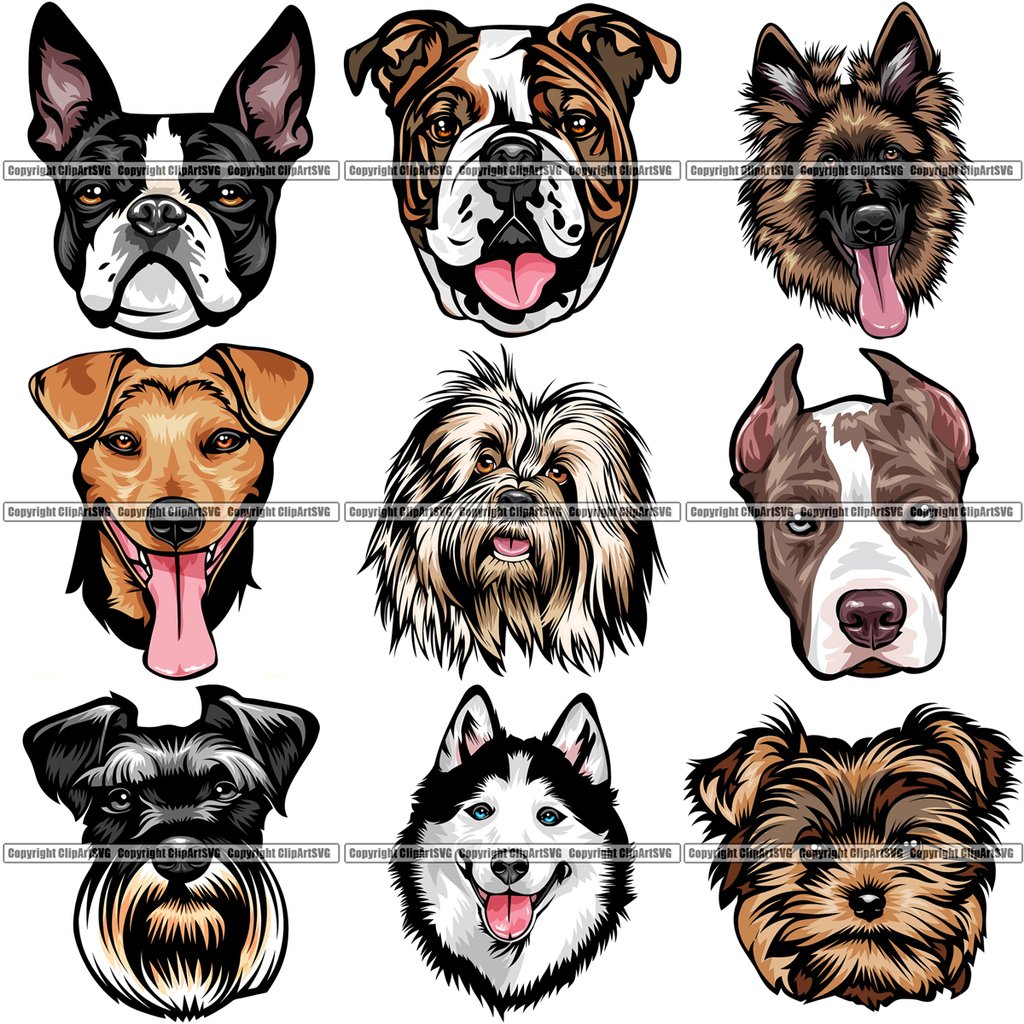 9 Dog Breed Head Face Top Selling Color Designs BUNDLE ClipArt SVG.