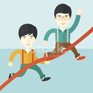 Two asian guy running to finish line Clipart Image.