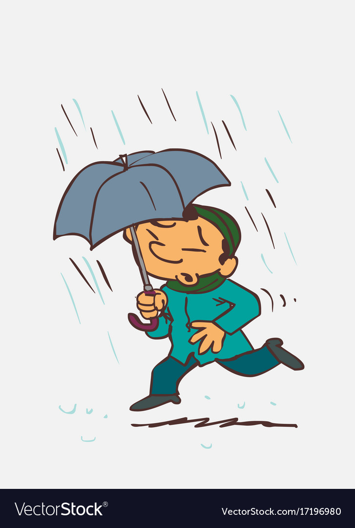 Asian child running in the rain with an umbrella.