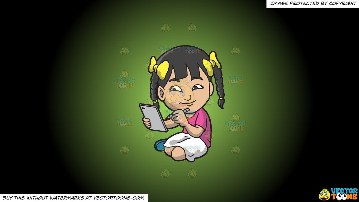 Clipart: An Asian Girl Drawing Something On Her Mobile Tablet on a Green  And Black Gradient Background.