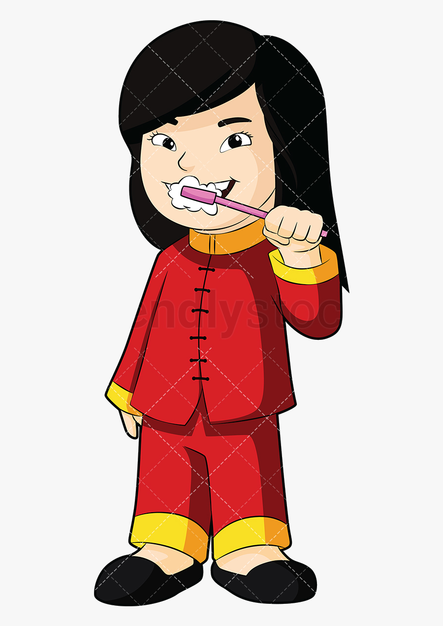 Brush Teeth Asian Girl Brushing Her Vector Cartoon.