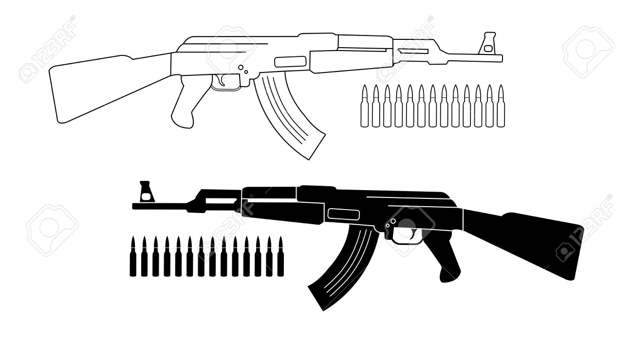 Assault rifle with bullets. Game resources. Vector contour lines...