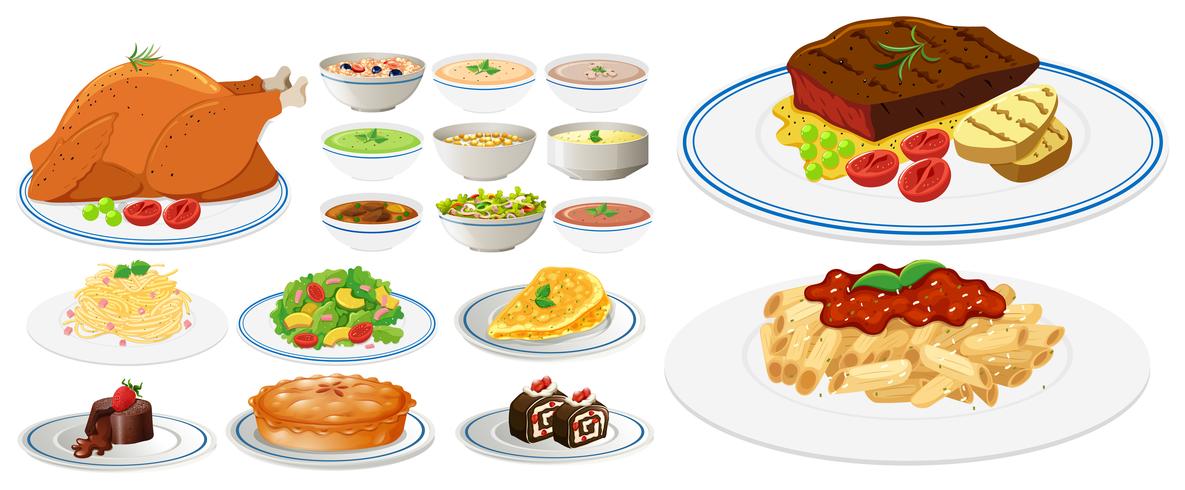 Différents types de nourriture sur des assiettes.