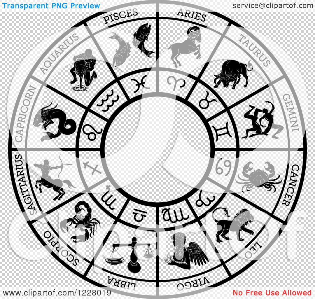 Clipart of a Black and White Zodiac Astrology Circle.