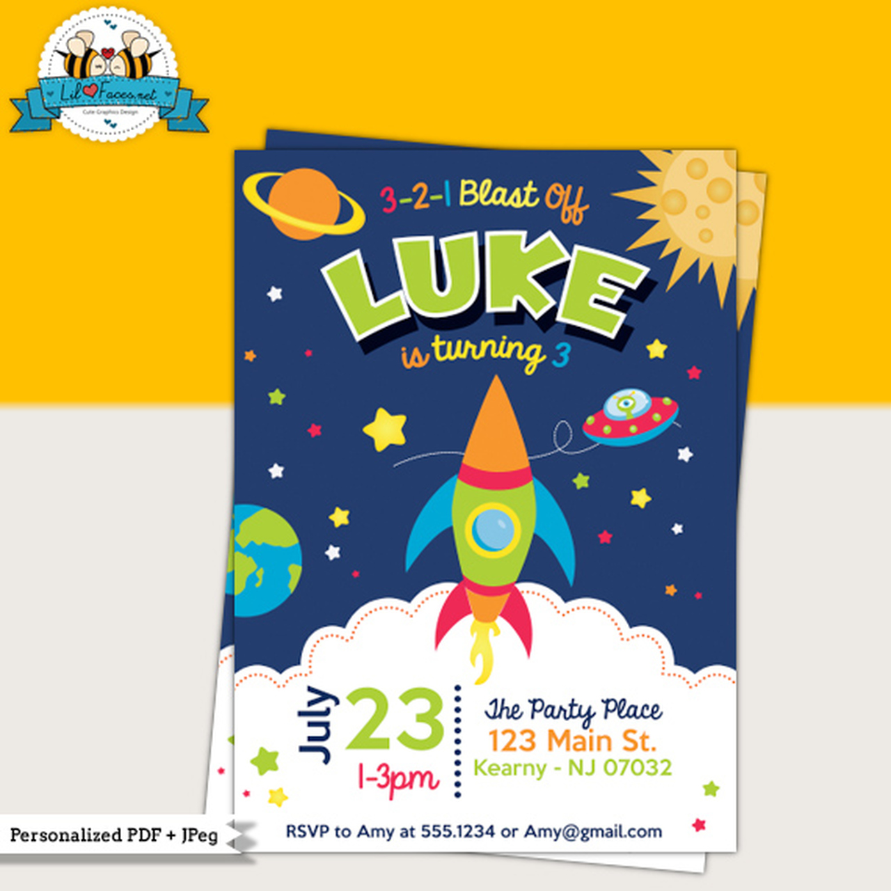 Space Rocket Birthday Party Printable Invitation.