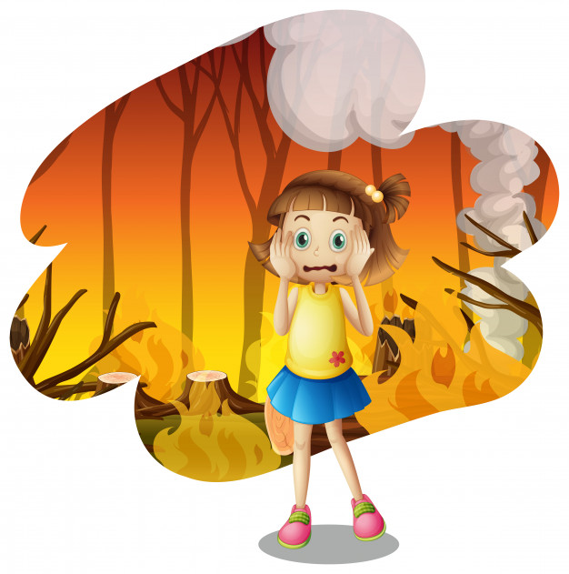 A young girl scare of wildfire Vector.