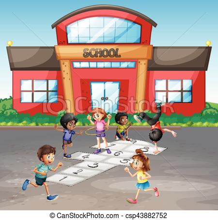 Students playing hopscotch at school.