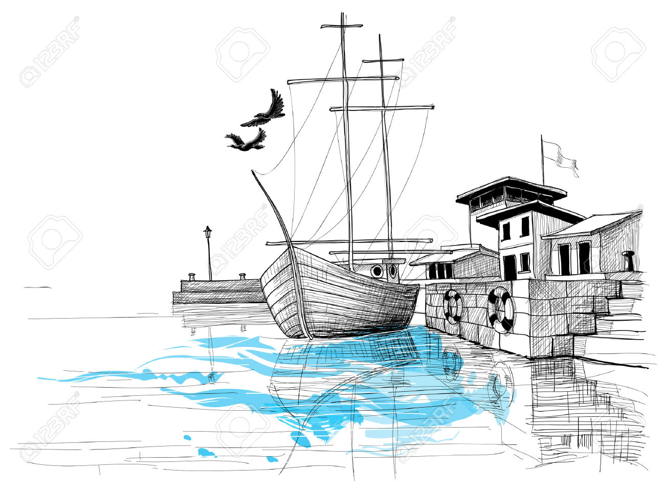 Harbor Sketch, Boat On Shore Illustration Royalty Free Cliparts.