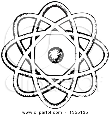Clipart of a Black and White Sketched Atom with Nucleus and Orbits.