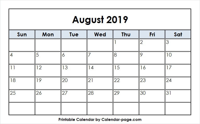 August 2019 Calendar Print.