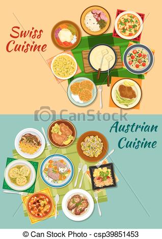 Clipart Vector of Swiss and austrian cuisine popular dishes icon.
