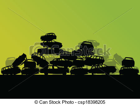 Vector Clipart of Old used automobile cars metal scrapyard.