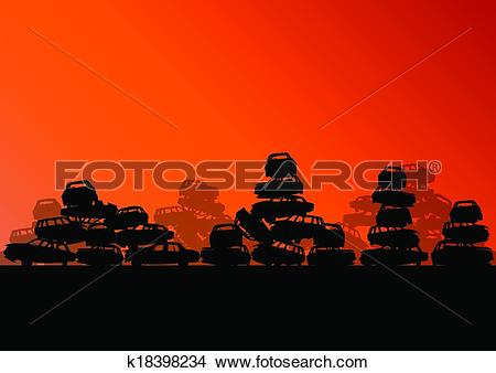 Clipart of Old used automobile cars metal scrapyard graveyard.
