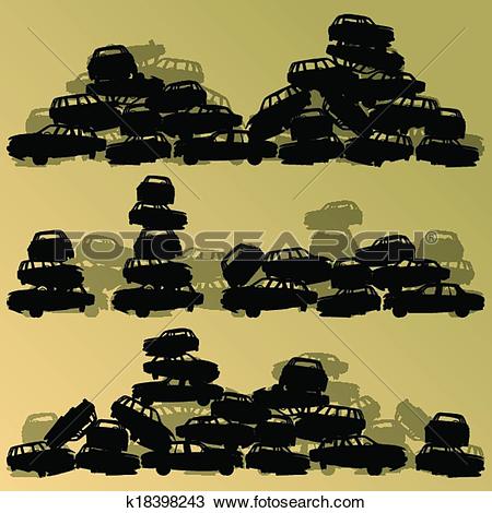 Clipart of Old used automobile cars metal scrapyard graveyard.