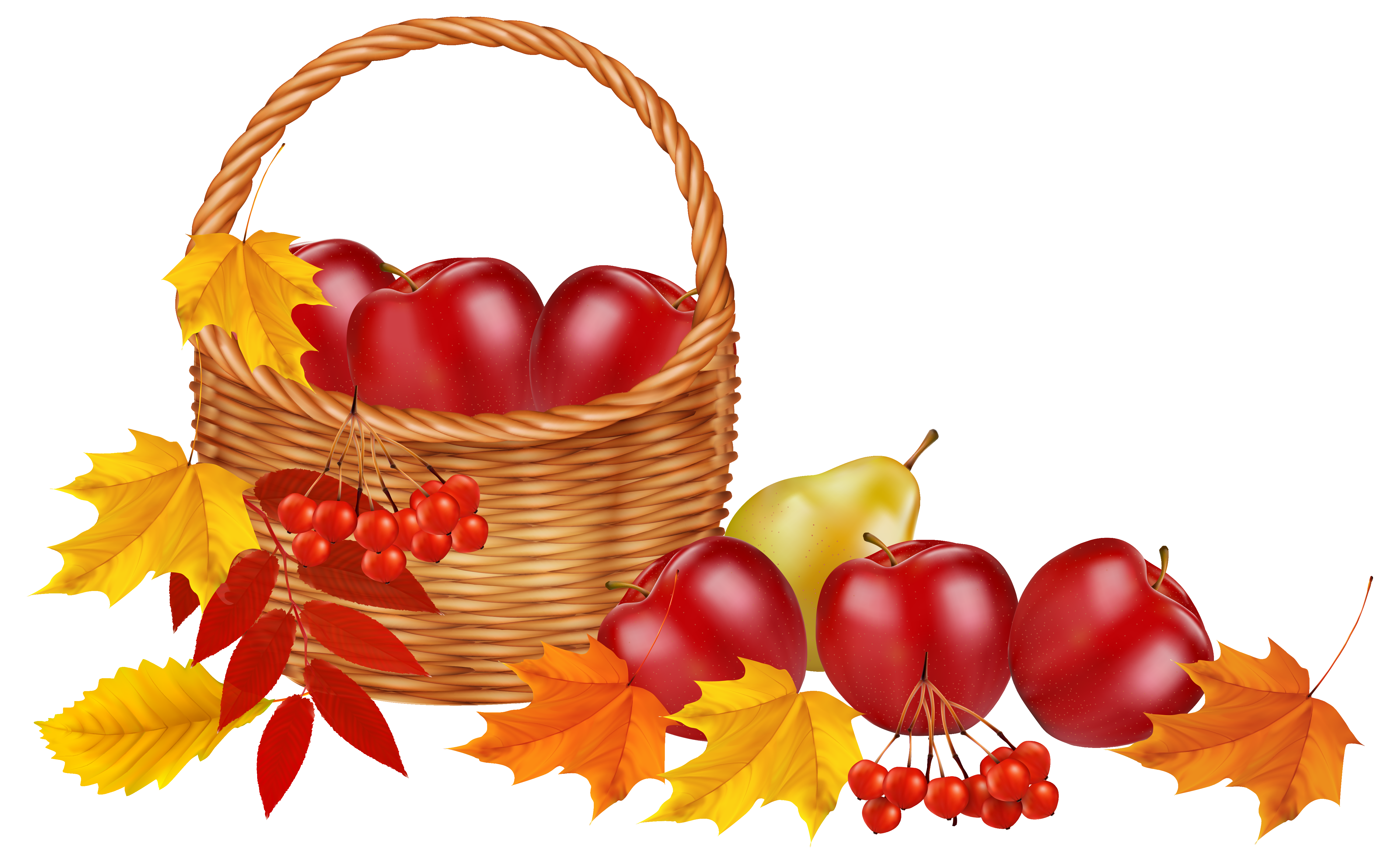Basket with fruits and Autumn Leaves PNG Clipart Image.