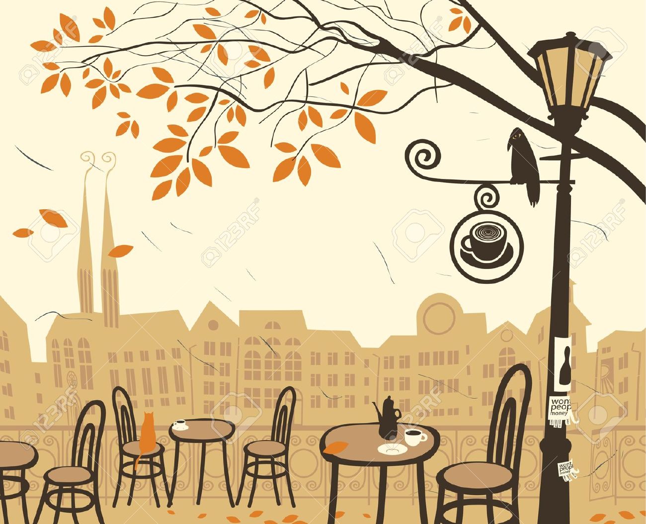 Autumn Landscape With A Street Cafe Royalty Free Cliparts, Vectors.