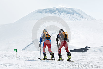 Team Ski Mountaineers Climb The Avachinsky Volcano On Skis. Team.