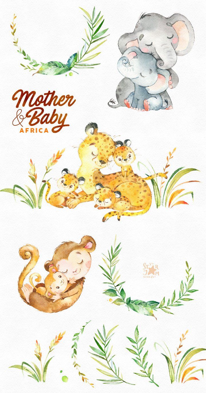 Mother & Baby. Africa. Watercolor animals clipart, elephant.