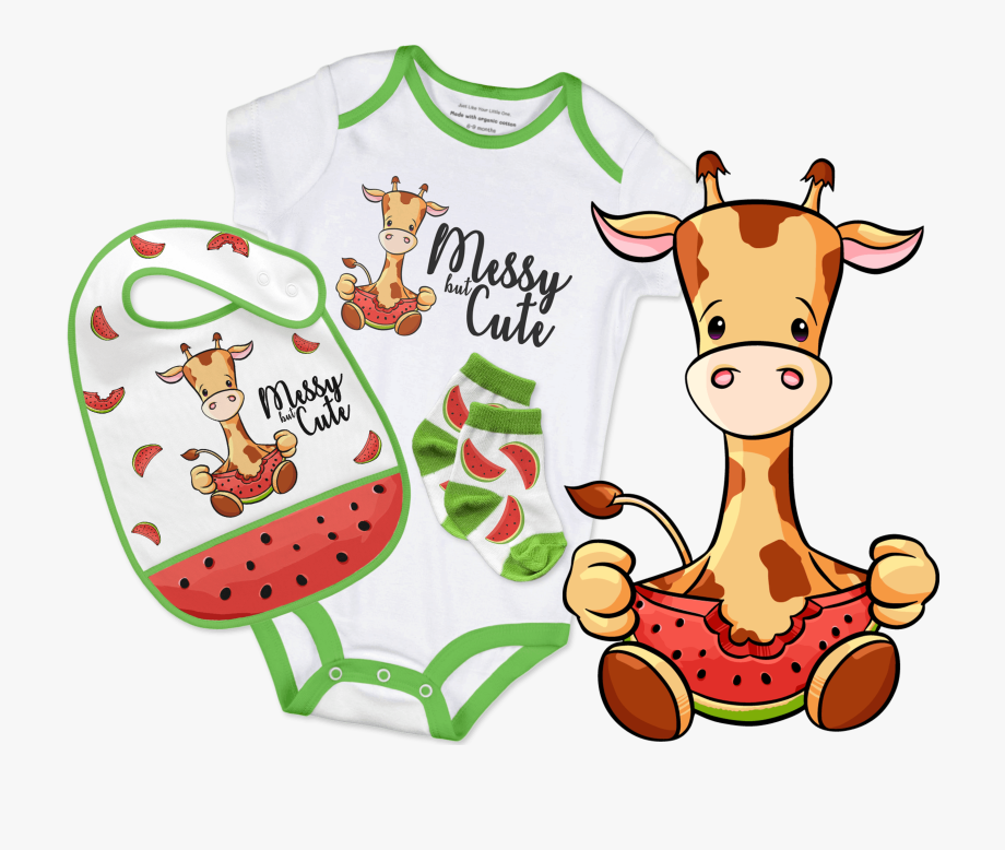 Messy But Cute Giraffee Baby Bodysuit, Socks And Bib.