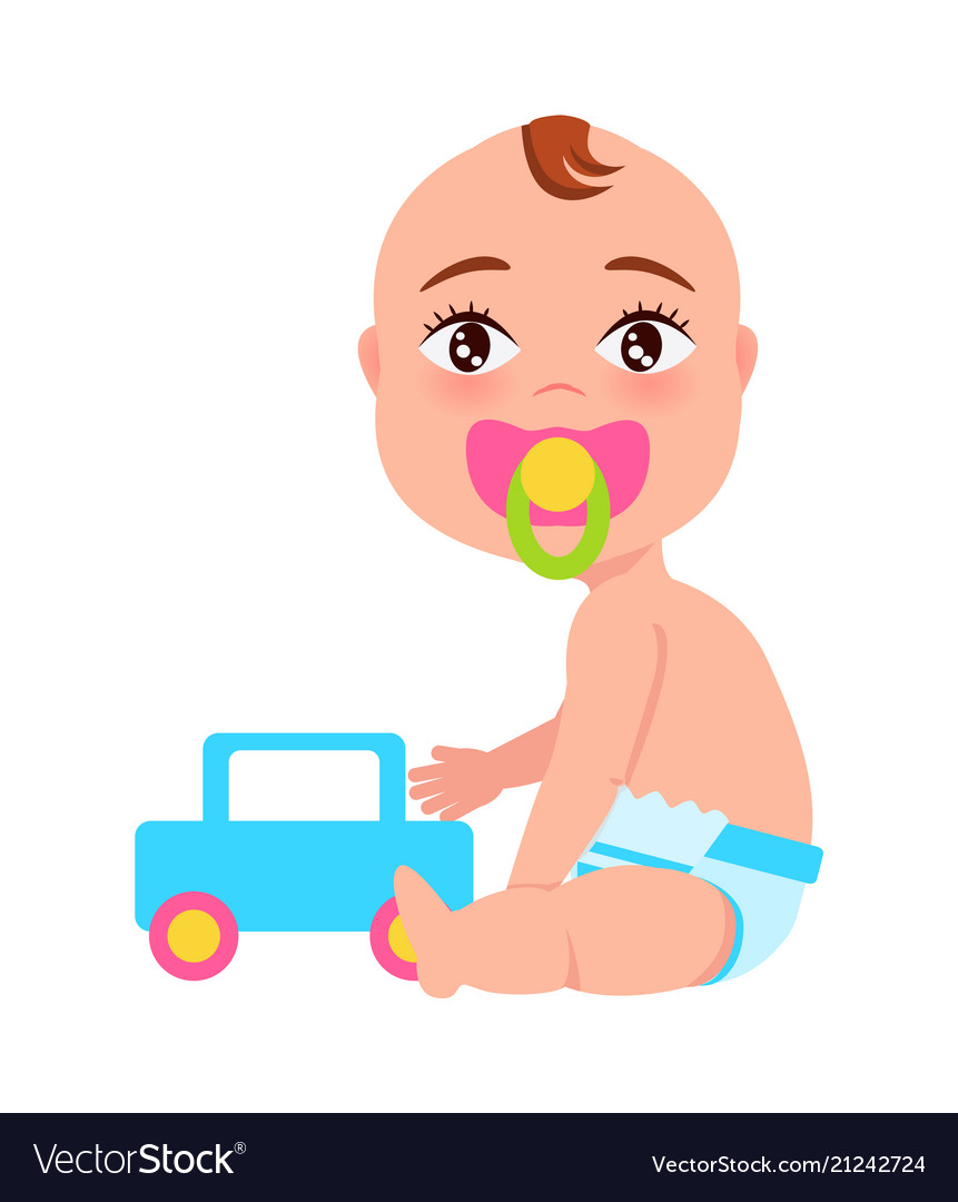 Baby with soother and toy car.