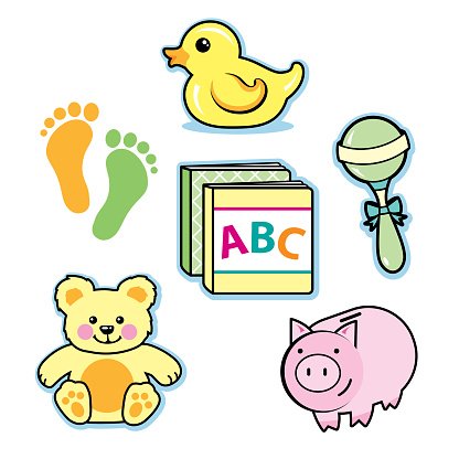 Baby toys rubber ducky rattle teddy bear piggy bank books.