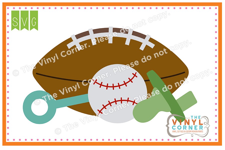 Applique Corner Baby Boy Items: Football, Pacifier, Baseball, Rattle.