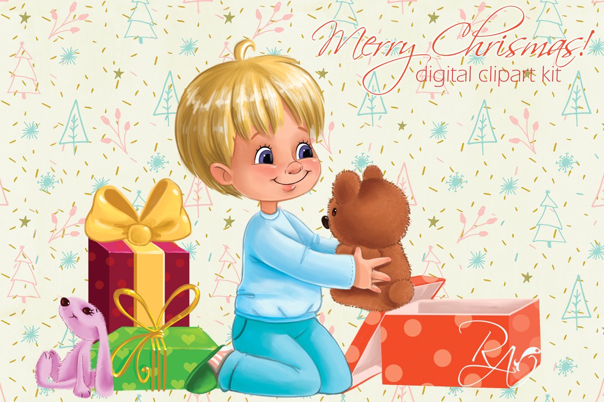Cute boy gifts Christmas clipart.