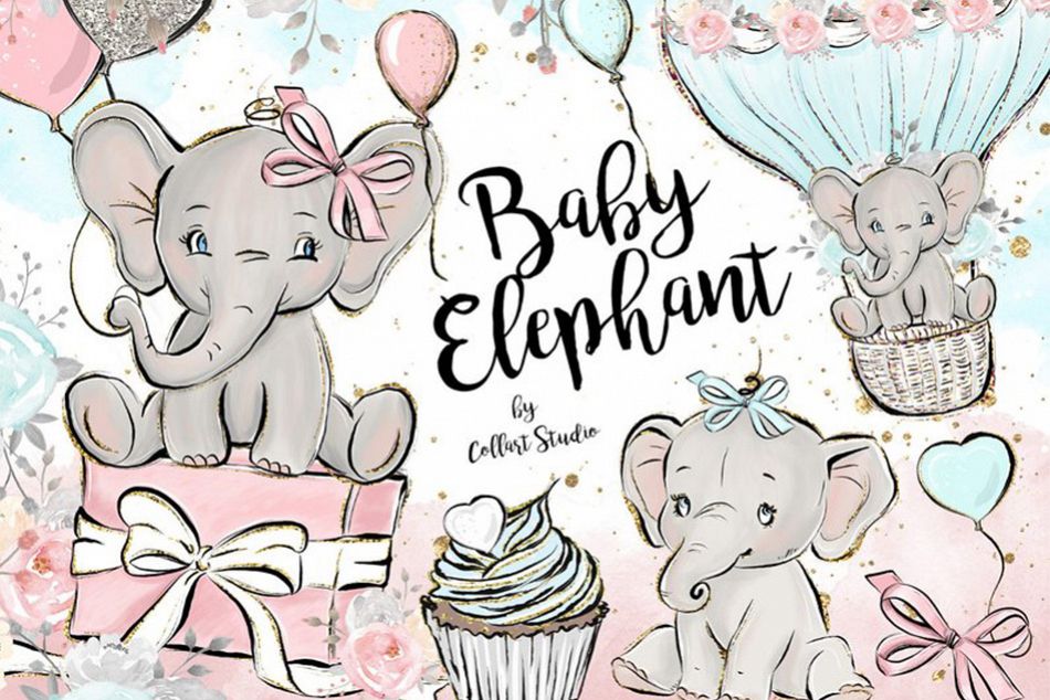 Baby Elephant clipart, Baby boy baby girl clipart, birthday.