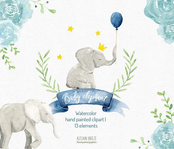 watercolor baby elephant clipart, watercolor clipart.
