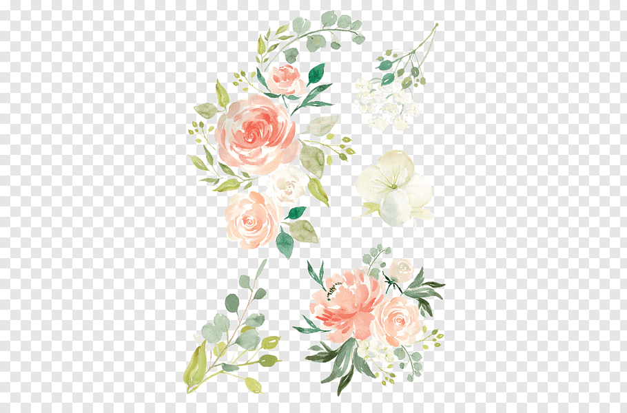 Pink, green, and white flowers illustration, Watercolour.