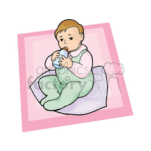 Baby sitting on a blanket drinking a bottle clipart. Royalty.