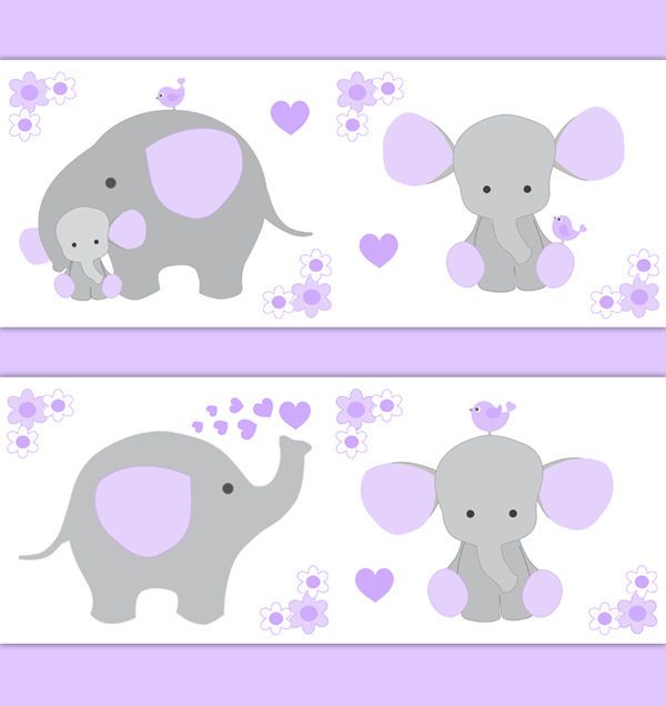Purple Grey Elephant Nursery Baby Girl Wallpaper Border Wall.