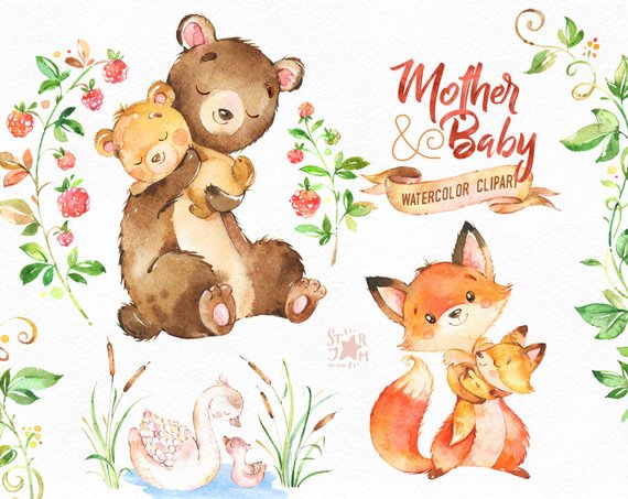 Mother & Baby. Watercolor animals clipart, fox, bear, swan.