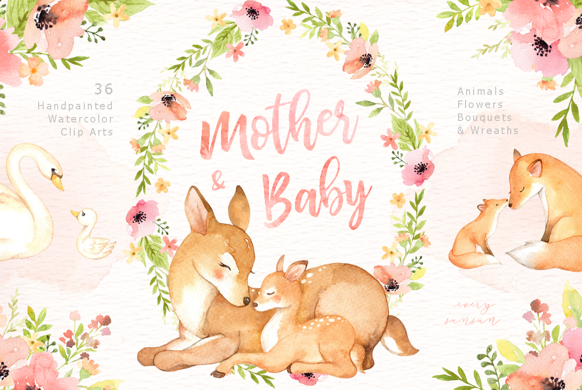 Mother & Baby Watercolor Clipart By everysunsun.