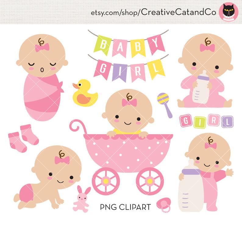 Baby Girl Shower Clipart Clip Art Cute Baby Girl in Stroller with Milk  Bottle Birthday Invitation Banner Sign Commercial Use.