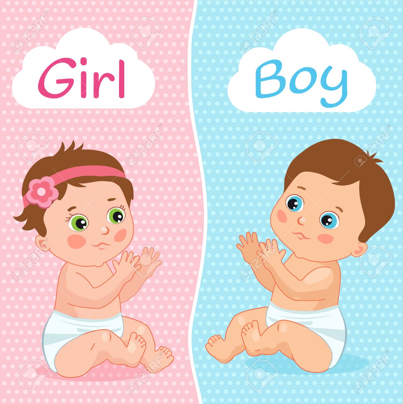 Baby Boy And Baby Girl Vector Illustration. Two Cute Cartoon...