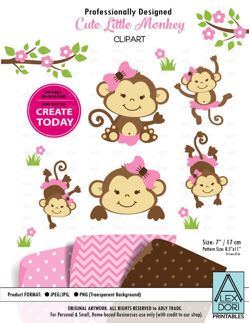 Monkey Clip art, cute Monkey print, Safari kids clip art, Baby Monkey art,  png. Nursery decor, Baby Shower,birthday party, commercial use.