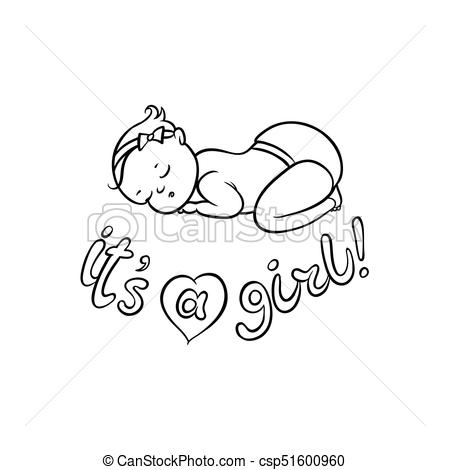 vector flat newborn cute baby girl in diaper.