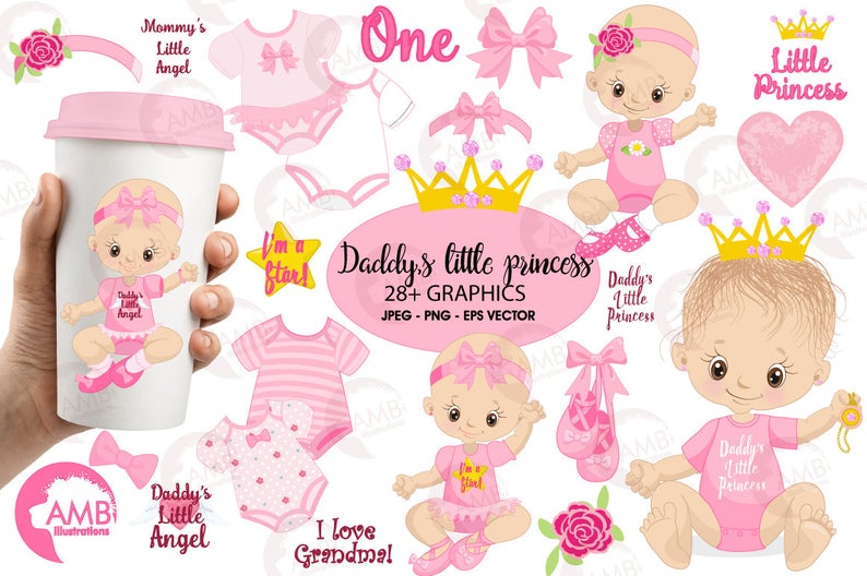 Baby girl clip art, girl onezies, Little princess clipart, create your own  clipart, princess clipart, baby birthday clipart, AMB.