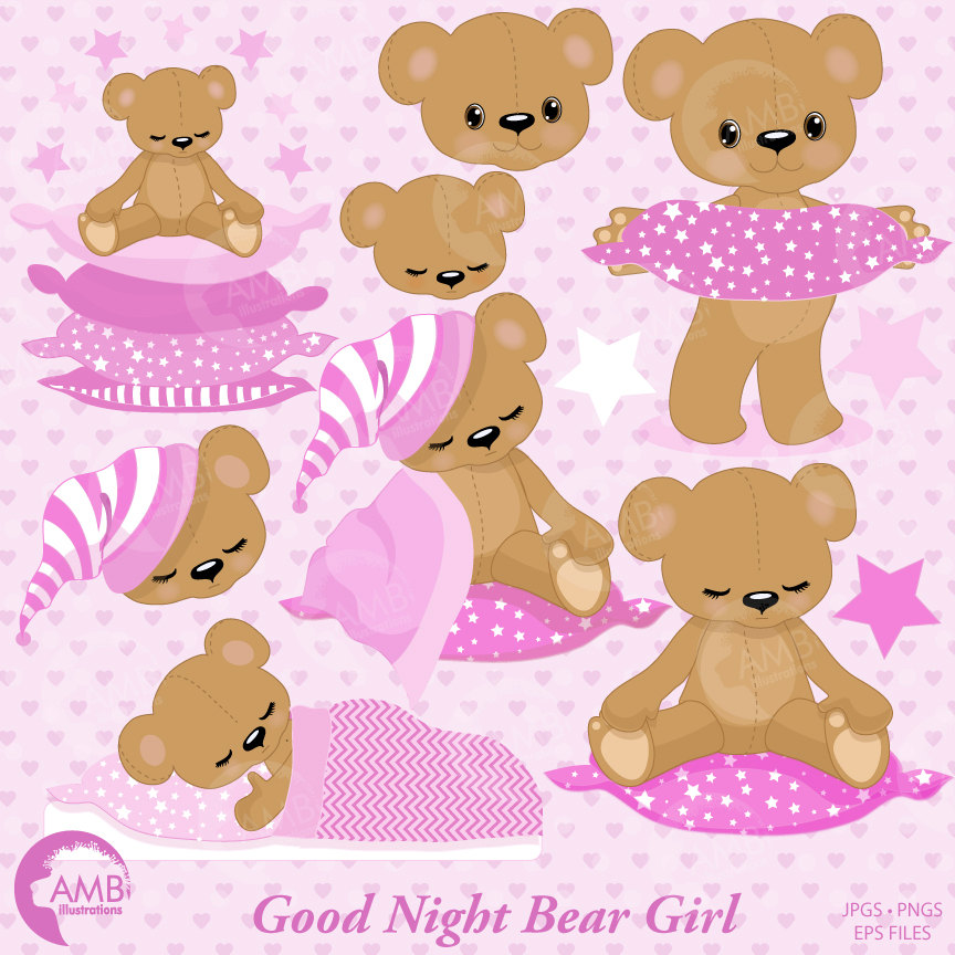Teddy bear, nursery, slumber party, baby girl, bear, Digital Clipart.