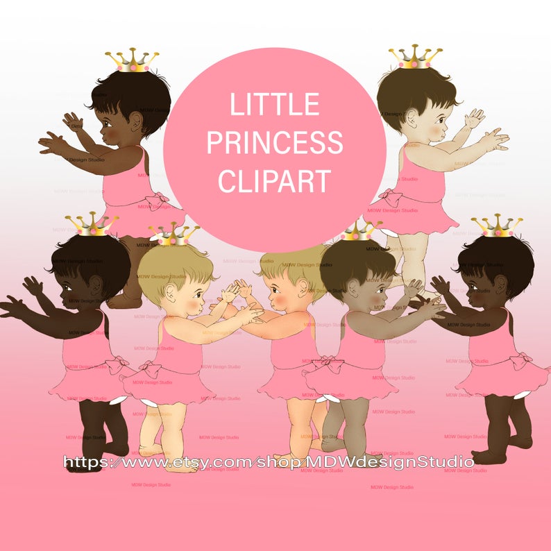 PRINCESS CROWN CLIPART, pink theme, 7 skin tones, baby girl clipart,  instant download, gender reveal, first birthday, second birthday, decor.