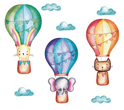 Hot Air Balloon Decal Pastel, Large Animals and Clouds Wall Decals, Baby  Nursery.